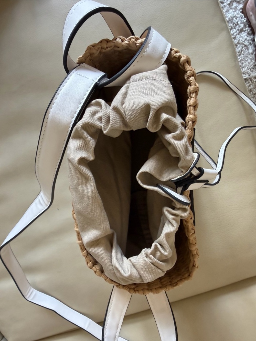 Straw Drawstring Crossbody Bag in Natural/White - Picture 4 of 6